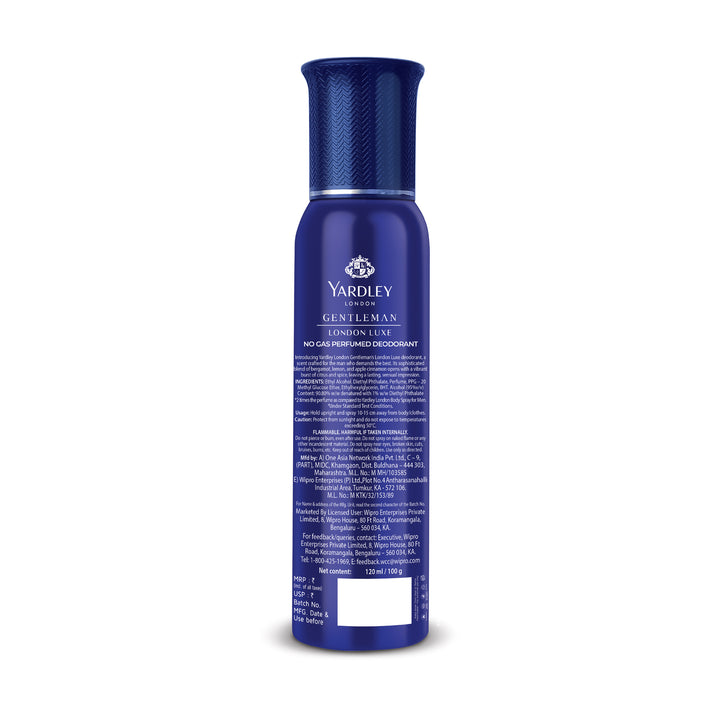 Yardley Gentleman London Luxe  No Gas Perfumed Deodrant | No Gas Deo For Men | 2X Perfume | 12 Hours Action | 120ml