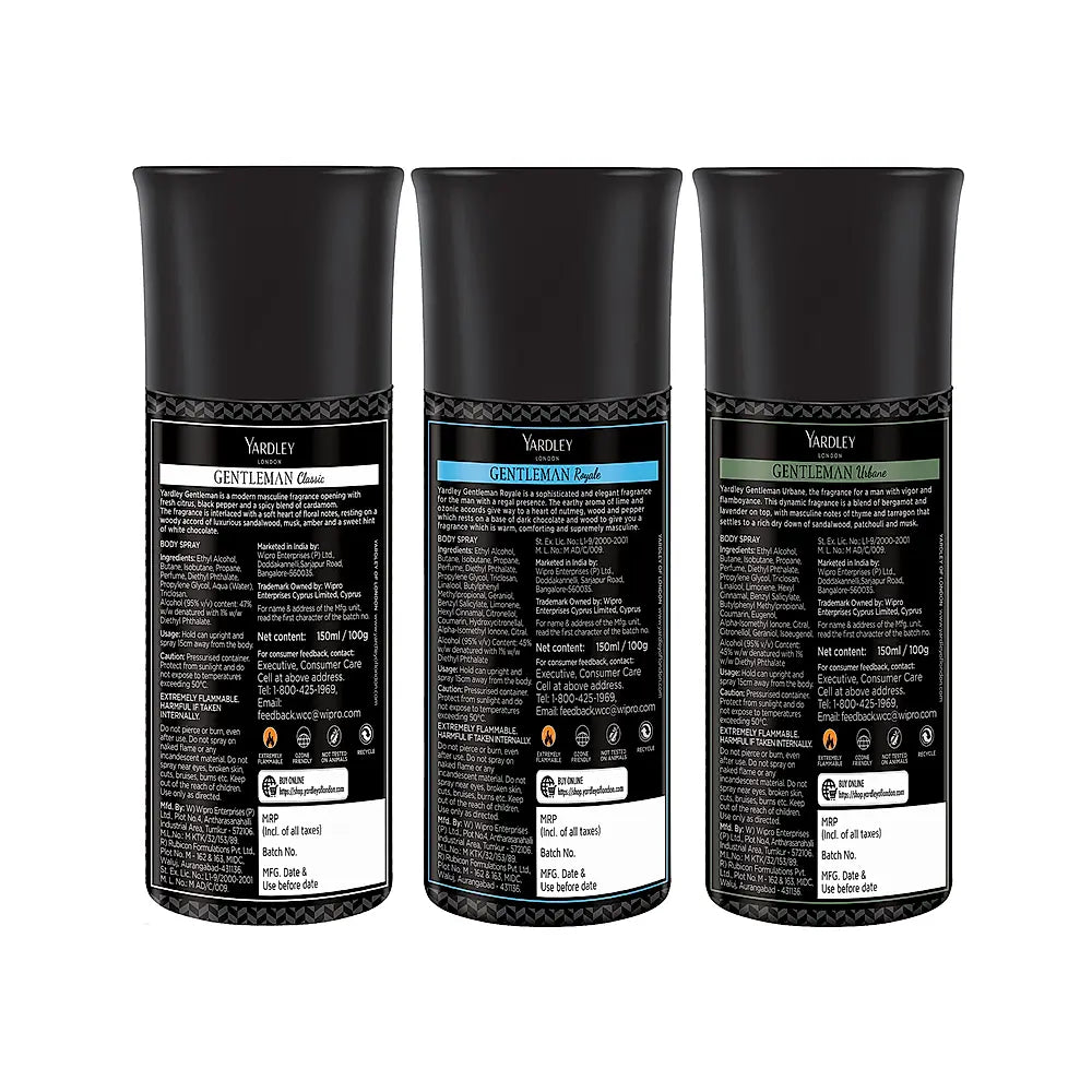 Gentleman Range Deo Body Spray Tripack (Classic + Urbane + Royale) for Men, 150ml Each (Pack of 3)