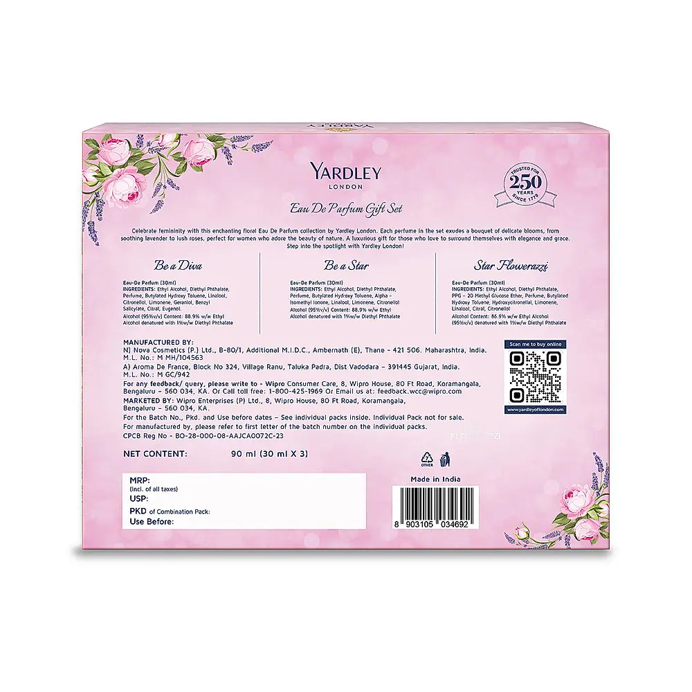Yardley London Eau De Parfum Gift Set for Women | 30ml x 3
