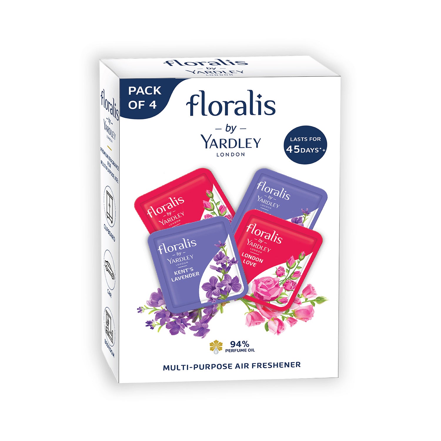 Floralis by Yardley London - Assorted Pack - 94% Perfume Oil - Cupboard & Car Freshener-Pack of 4