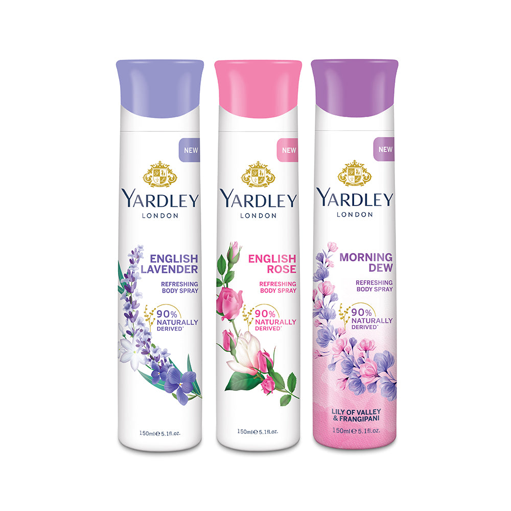Refreshing Deo Body Spray Tripack (English Lavender + English Rose + Morning Dew) for Women, 150ml Each (Pack of 3)