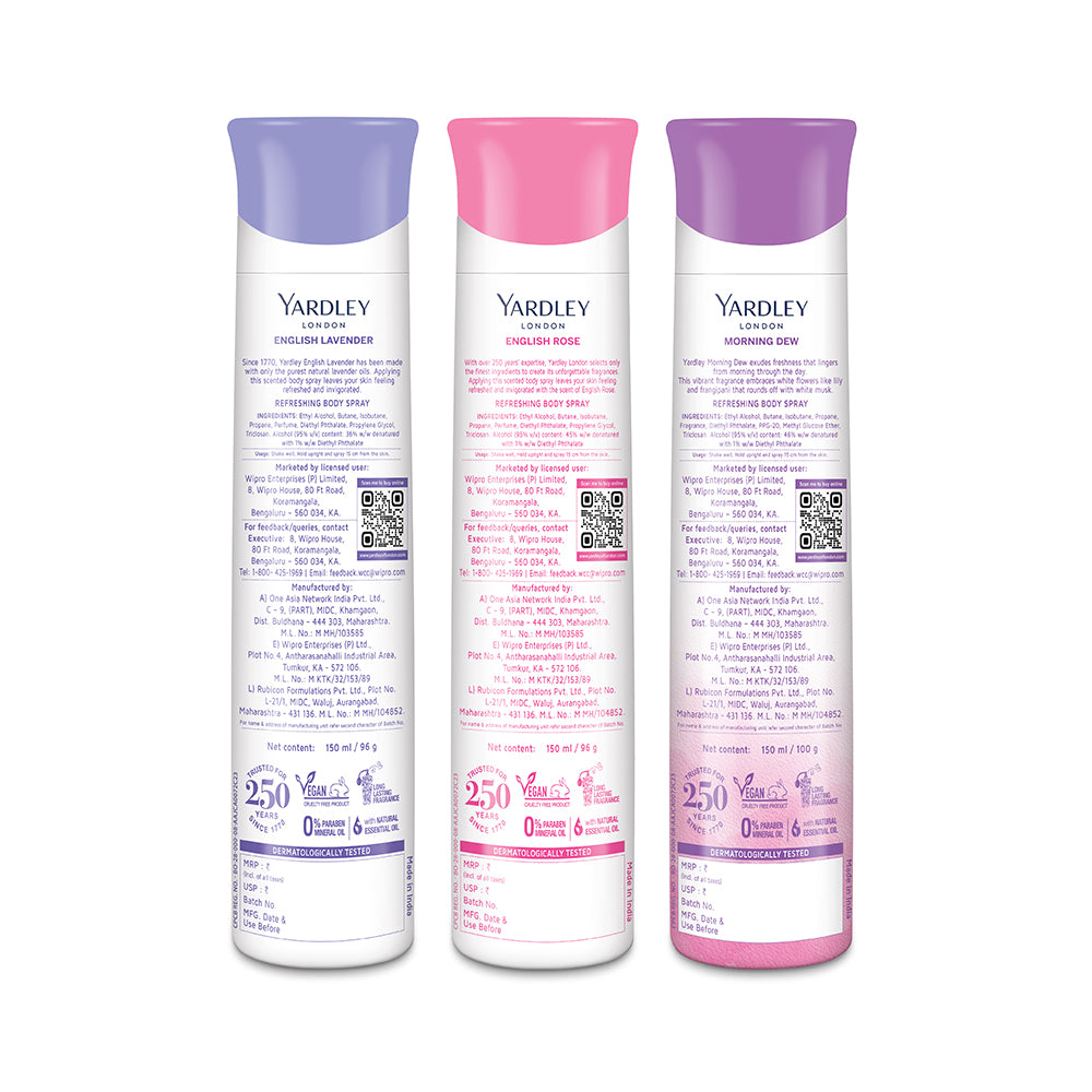 Refreshing Deo Body Spray Tripack (English Lavender + English Rose + Morning Dew) for Women, 150ml Each (Pack of 3)