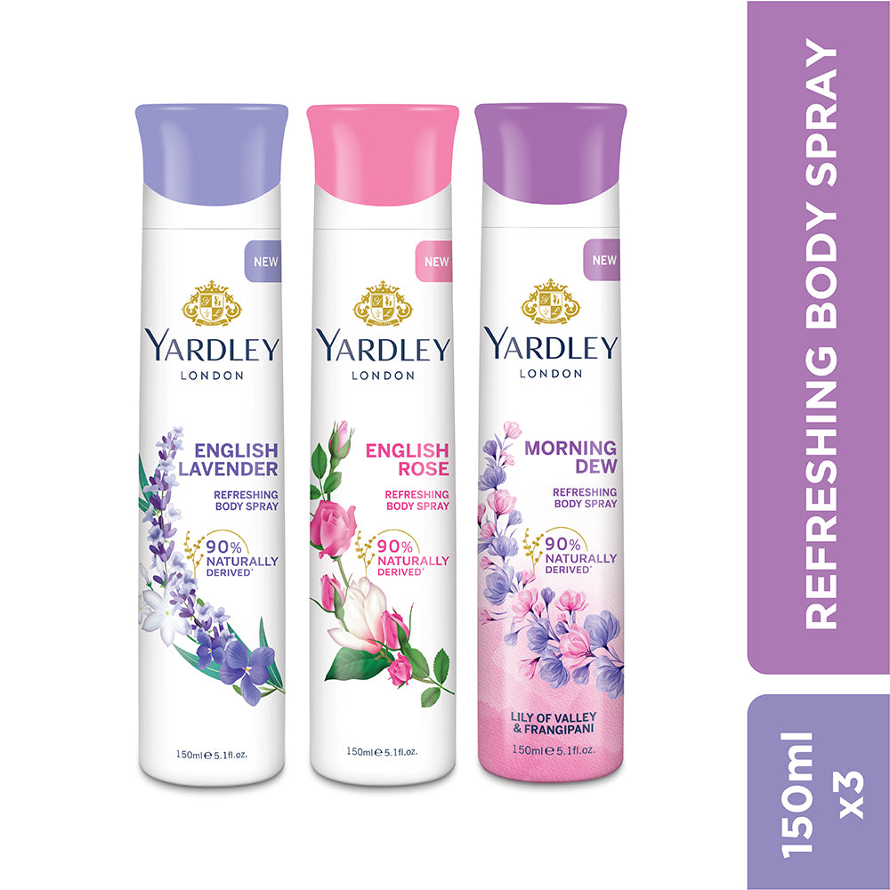 Refreshing Deo Body Spray Tripack (English Lavender + English Rose + Morning Dew) for Women, 150ml Each (Pack of 3)