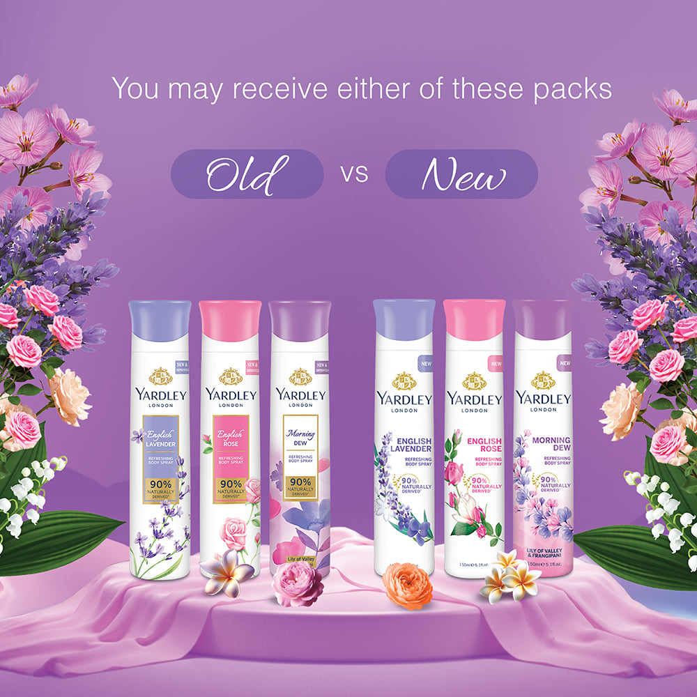 Refreshing Deo Body Spray Tripack (English Lavender + English Rose + Morning Dew) for Women, 150ml Each (Pack of 3)