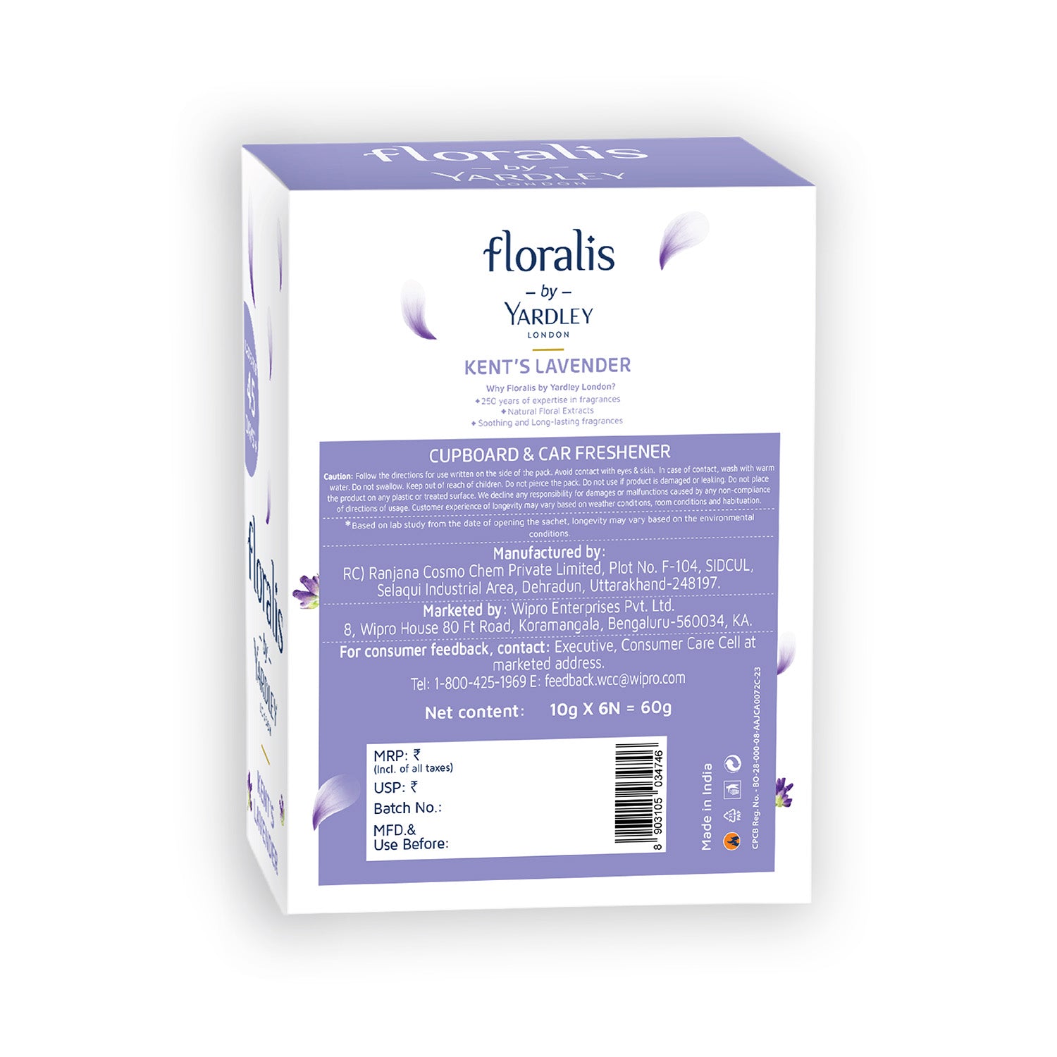 Floralis by Yardley London - Kent's Lavender - 94% Perfume Oil - Cupboard & Car Freshener - Pack of 6