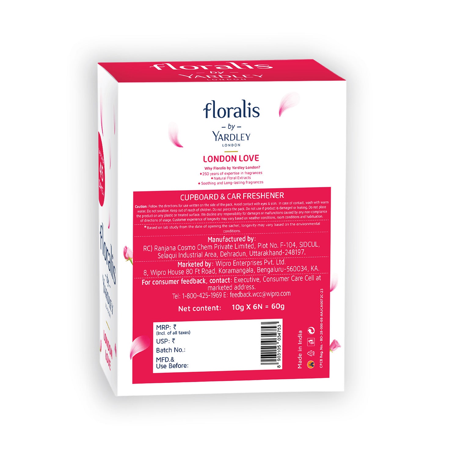 Floralis by Yardley London - London Love - 94% Perfume Oil - Cupboard & Car Freshener - Pack of 6