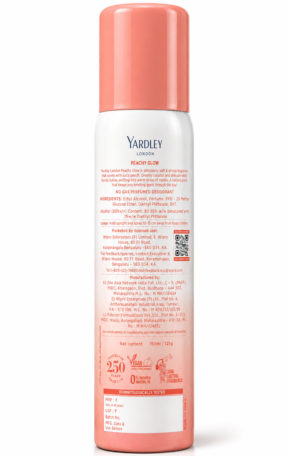 Yardley London Peachy Glow No Gas Perfumed Deodorant | No Gas Deo for Women | 90% Naturally Derived | 800 Sprays | 150ml