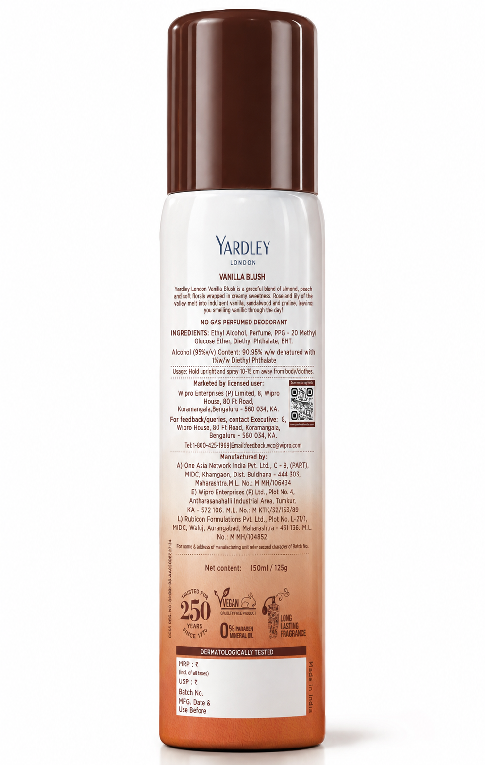 Yardley London Vanilla Blush No Gas Perfumed Deodorant | No Gas Deo for Women | 90% Naturally Derived | 800 Sprays | 150ml