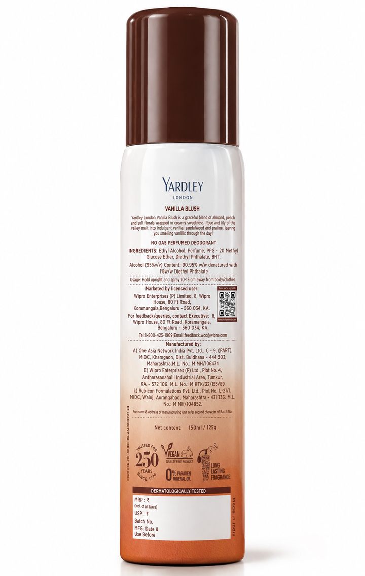 Yardley London Vanilla Blush No Gas Perfumed Deodorant | No Gas Deo for Women | 90% Naturally Derived | 800 Sprays | 150ml